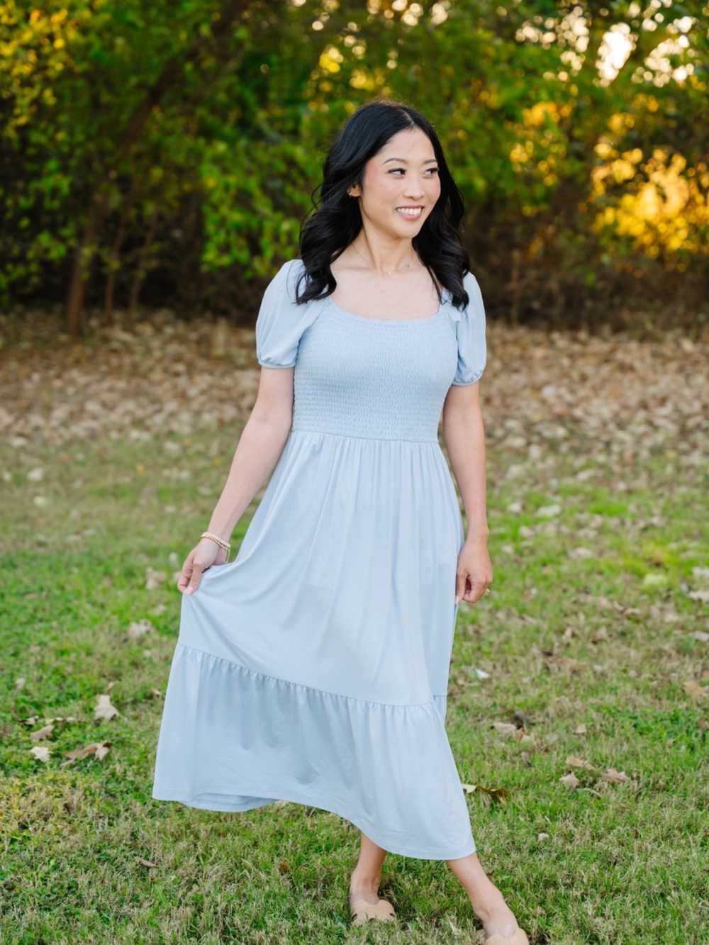 Kyte BABY Light Blue Smocked Midi Dress with Puff Sleeves
